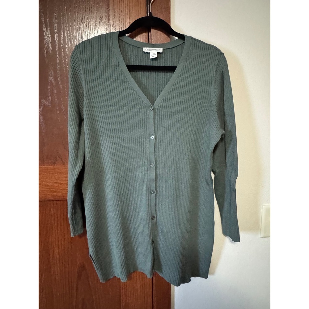Coldwater Creek Womens Sage Green Ribbed V-Neck Button Front Cardigan PXL 1522
